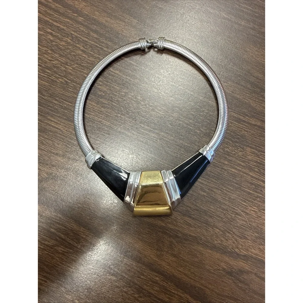 Alexis Kirk Silver, Black and Gold Toned Hinged Collar Necklace Choker
